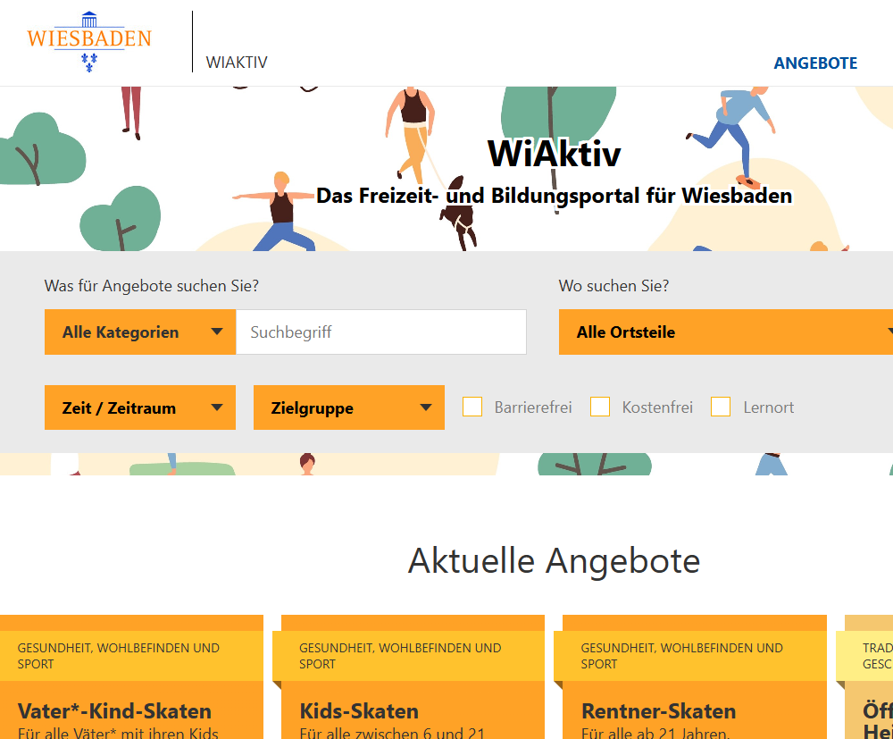 Ansicht der Startseite des Webportals WiAktiv der Stadt Wiesbaden